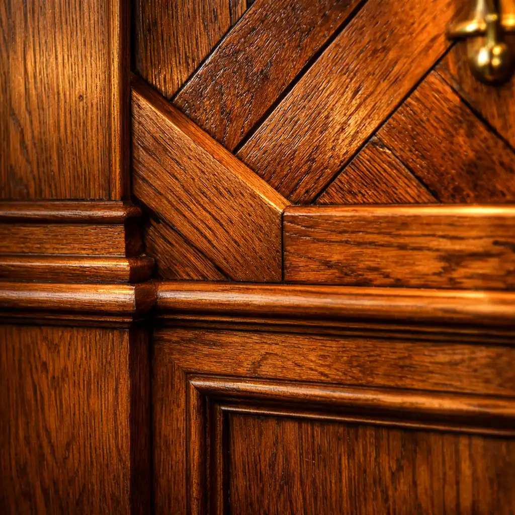 Detail ručně vyrobeného dřevěného obložení stěny v restauraci