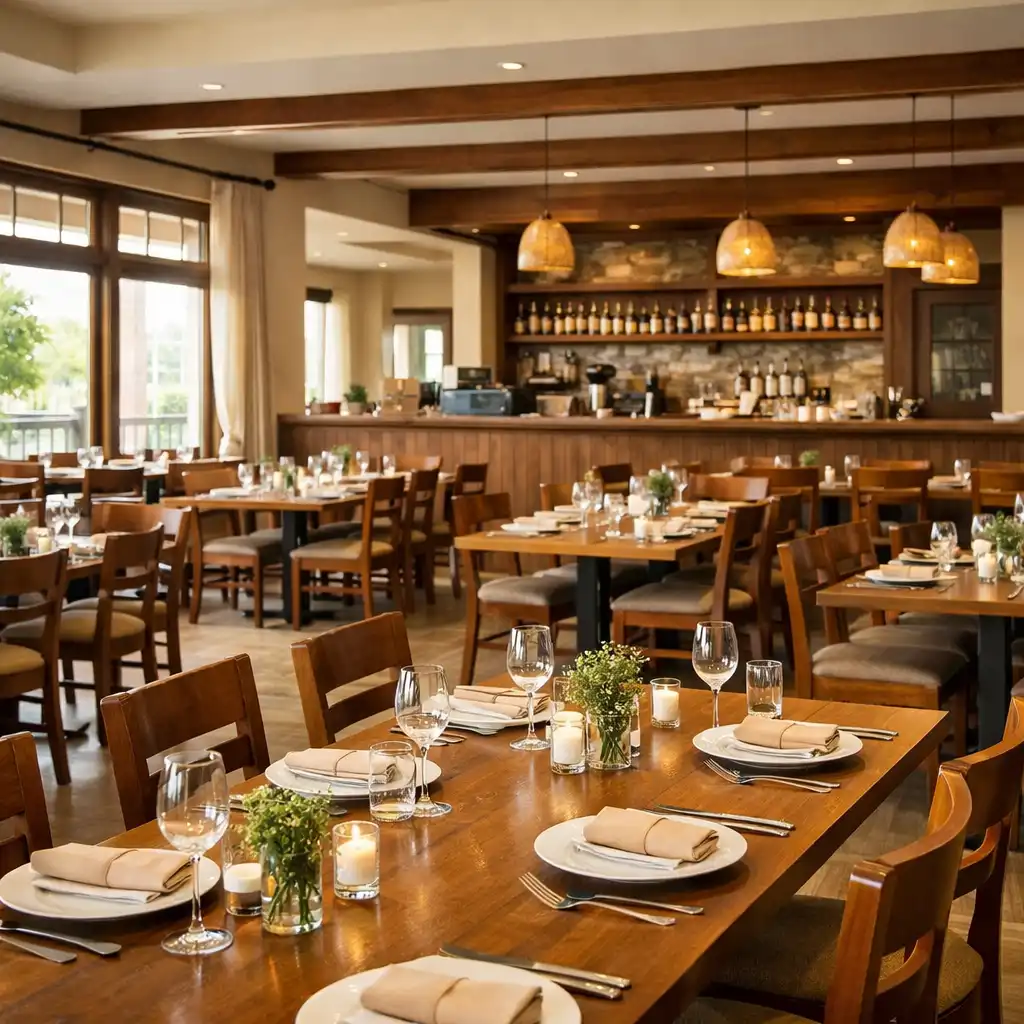 Širokoúhlý pohled na hlavní jídelnu restaurace Talíř Plný Chutí s dřevěnými stoly a velkými okny