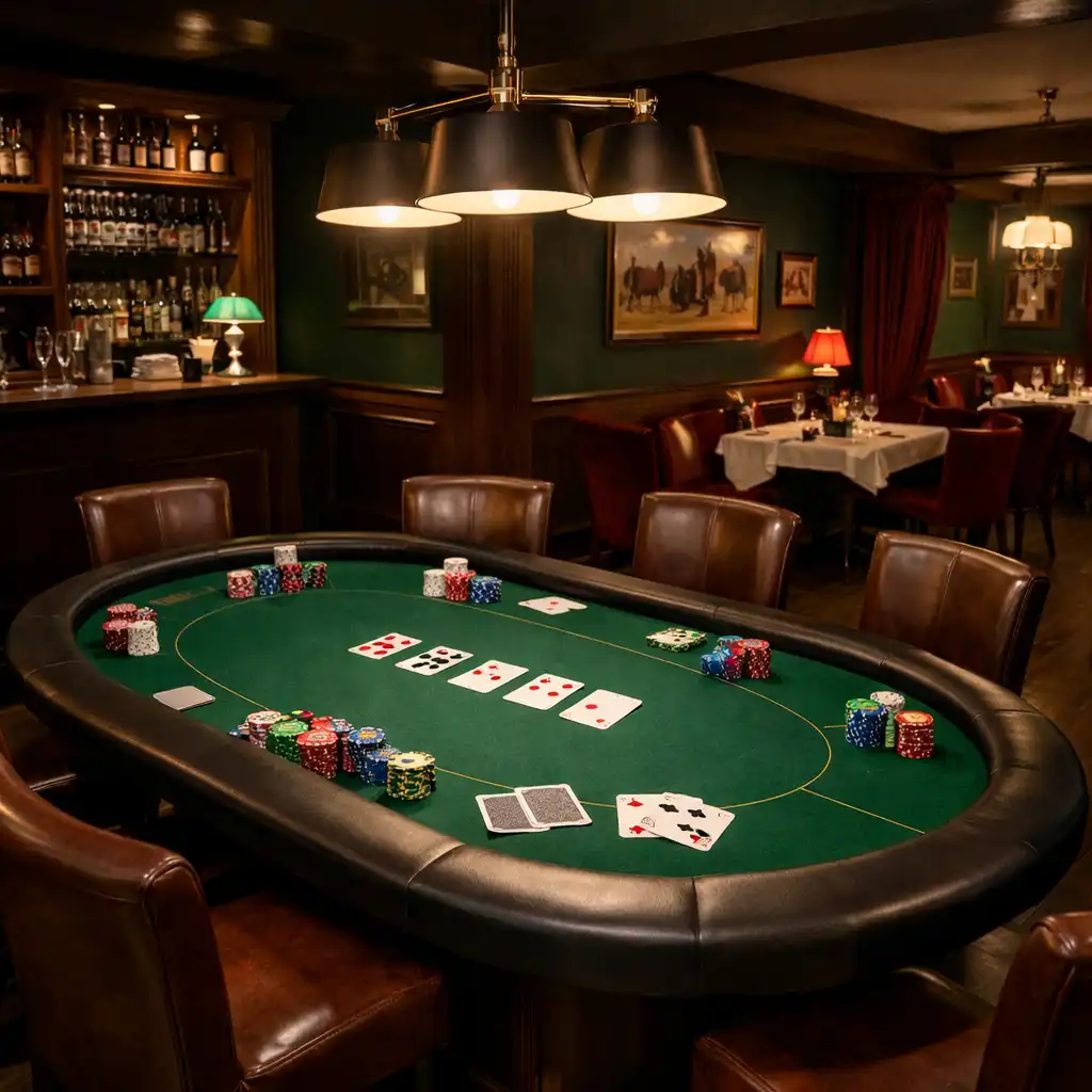 Pokerová místnost s profesionálním pokerovým stolem, kartami a žetony