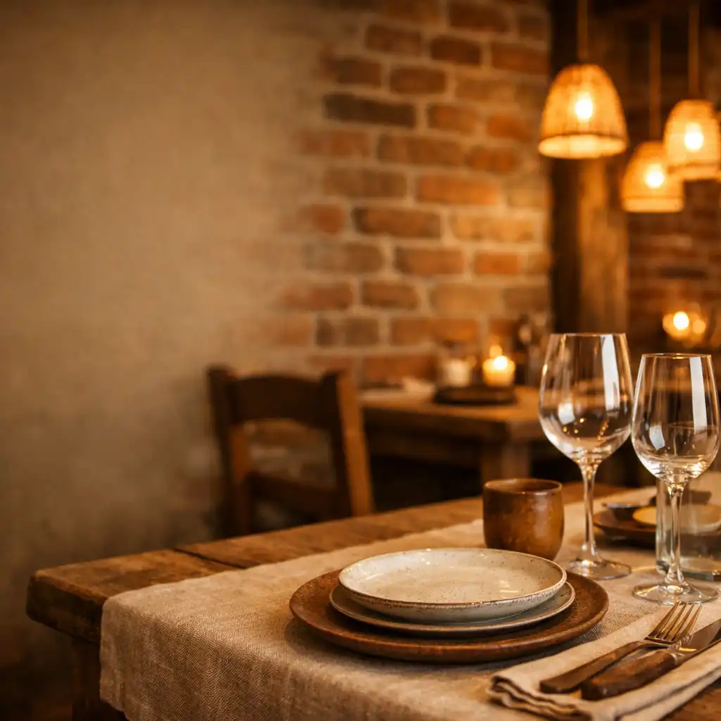 Detailní pohled na interiér restaurace s dřevěným stolem, keramickými talíři a cihlovou zdí v teplém osvětlení