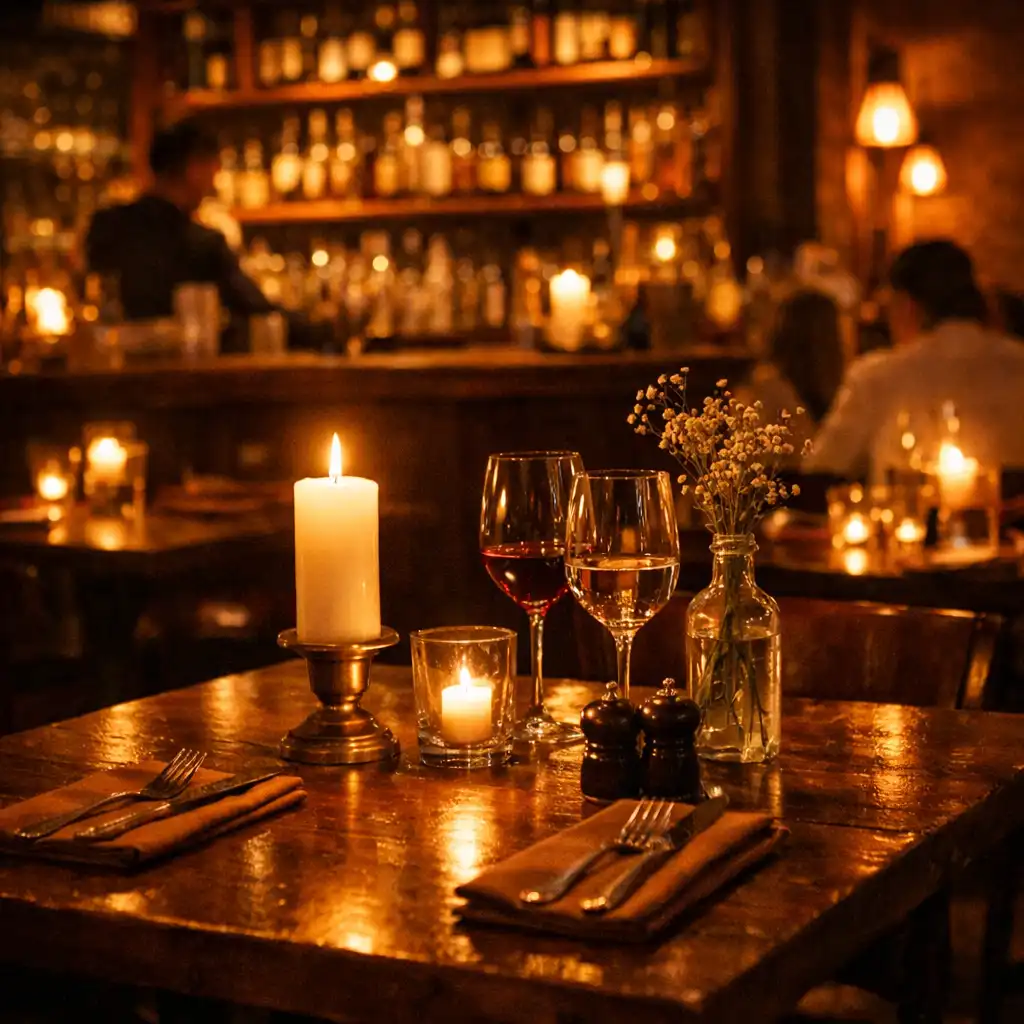 Večerní atmosféra v restauraci se svíčkami na stolech a tlumeným osvětlením