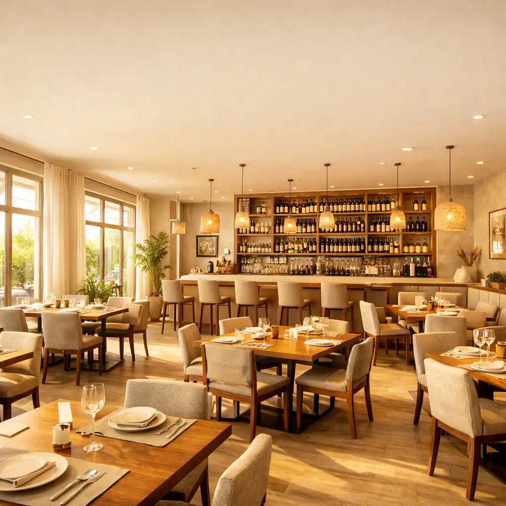 Panoramatický pohled na prostornou jídelnu restaurace Talíř Plný Chutí v teplém denním světle