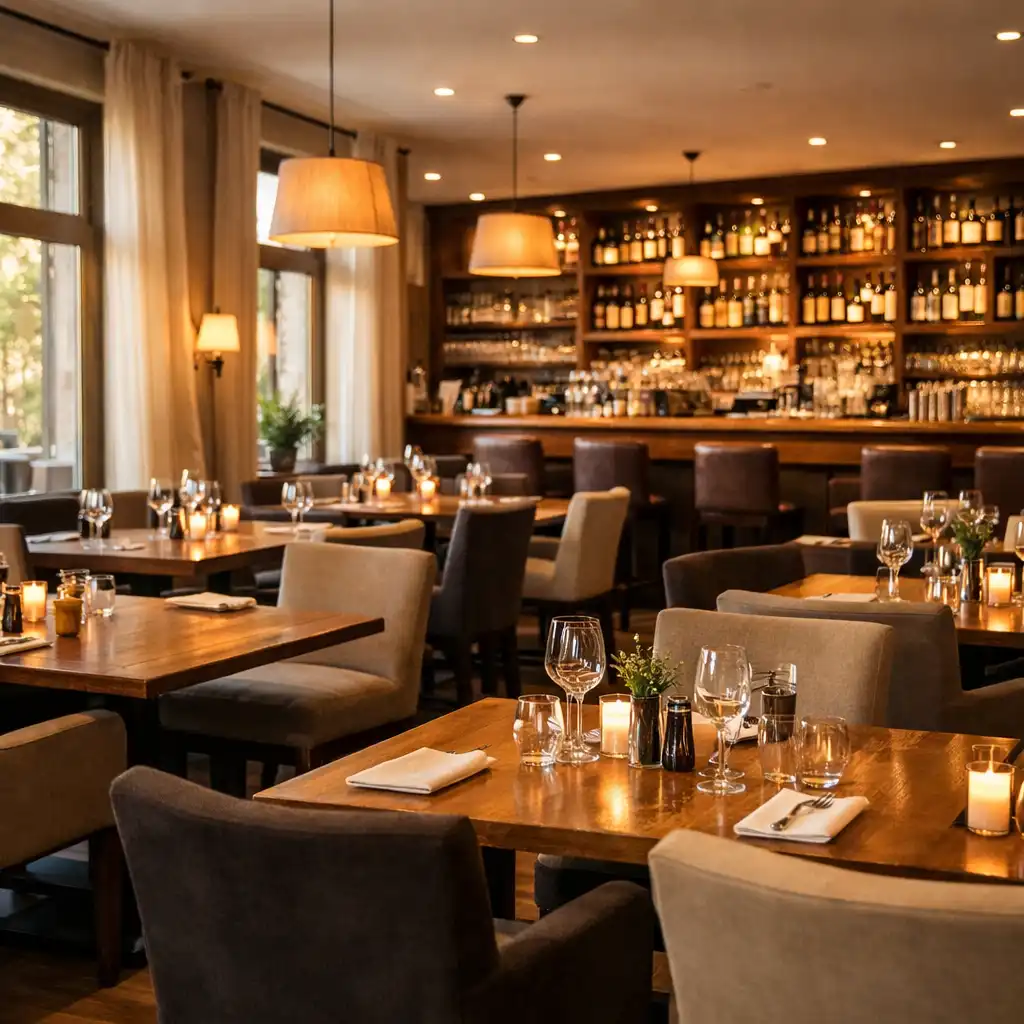 Elegantní jídelna restaurace Talíř Plný Chutí s teplým osvětlením a dřevěnými stoly