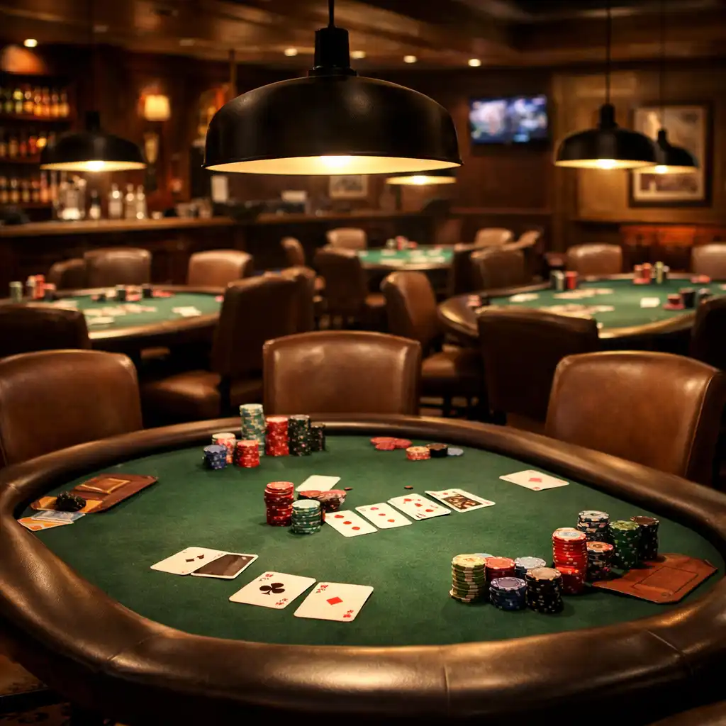 Pokerová místnost s profesionálními stoly, kartami a žetony