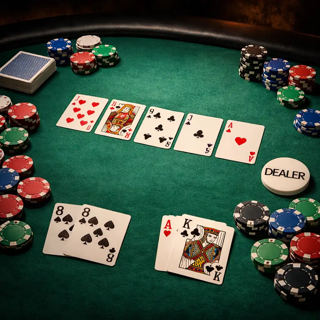 Pokerový stůl s kartami a žetony v restauraci Talíř Plný Chutí