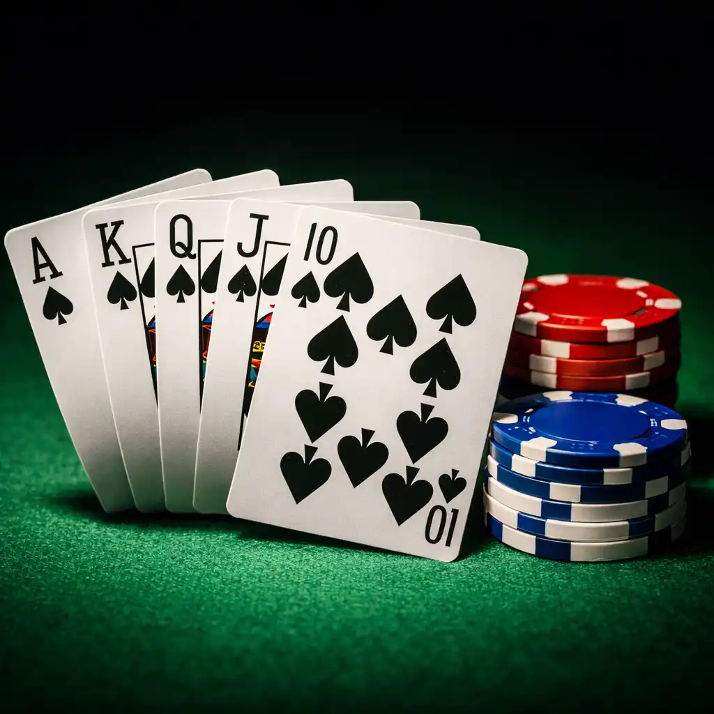 Královská postupka v pikách na zeleném suknem pokerového stolu
