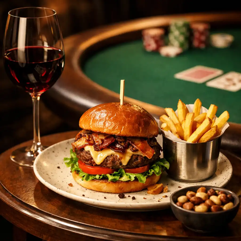 Gurmánský burger s hranolky a sklenkou červeného vína u pokerového stolu