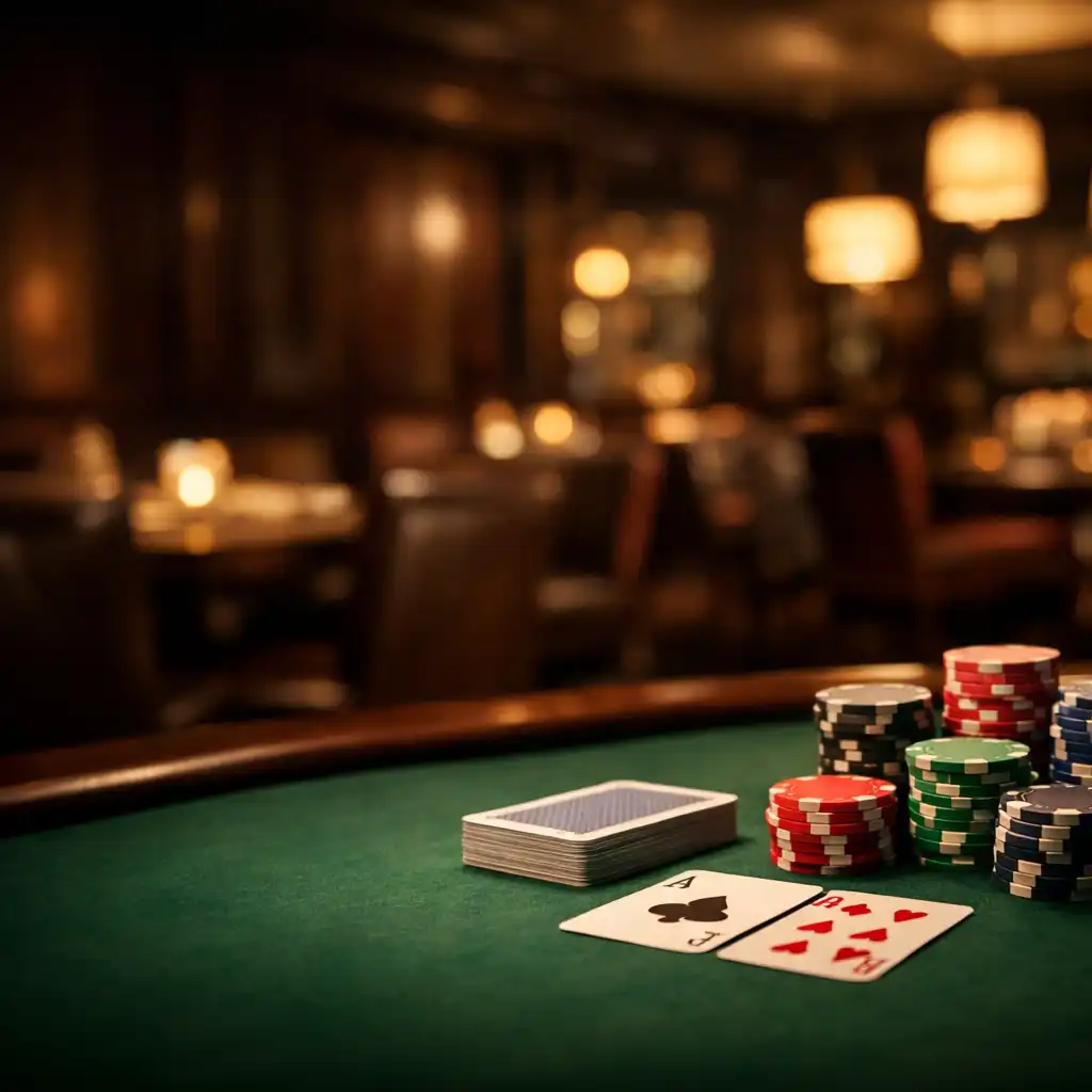 Pokerový stůl se žetony a kartami v intimní restauraci