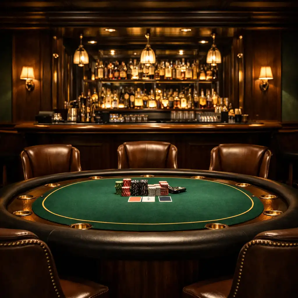 Interiér Poker Room s pokerovým stolem a tlumeným osvětlením