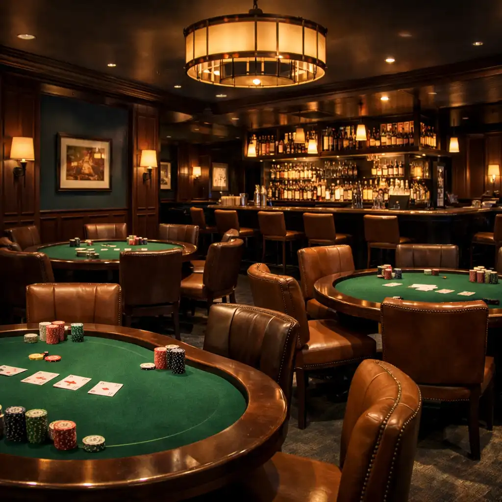 Interiér Poker Room s pokerovými stoly a koženými křesly