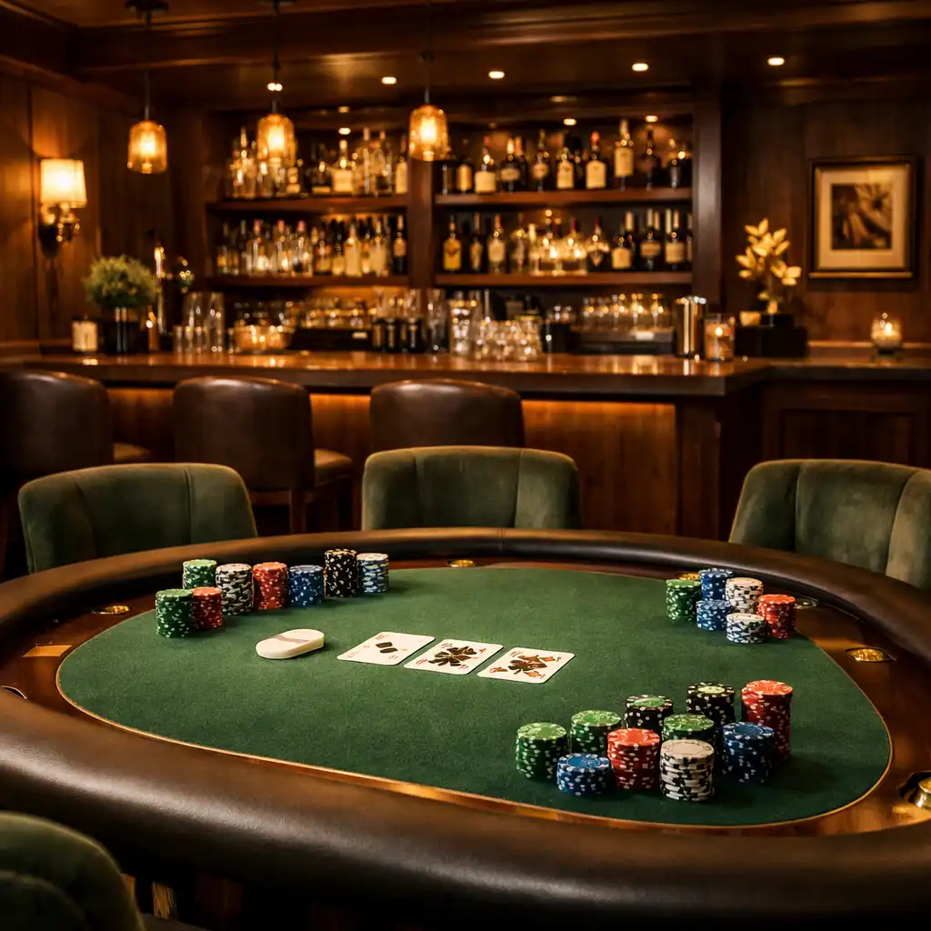 Interiér Poker Room s profesionálním pokerovým stolem, žetony a barem v teplém osvětlení