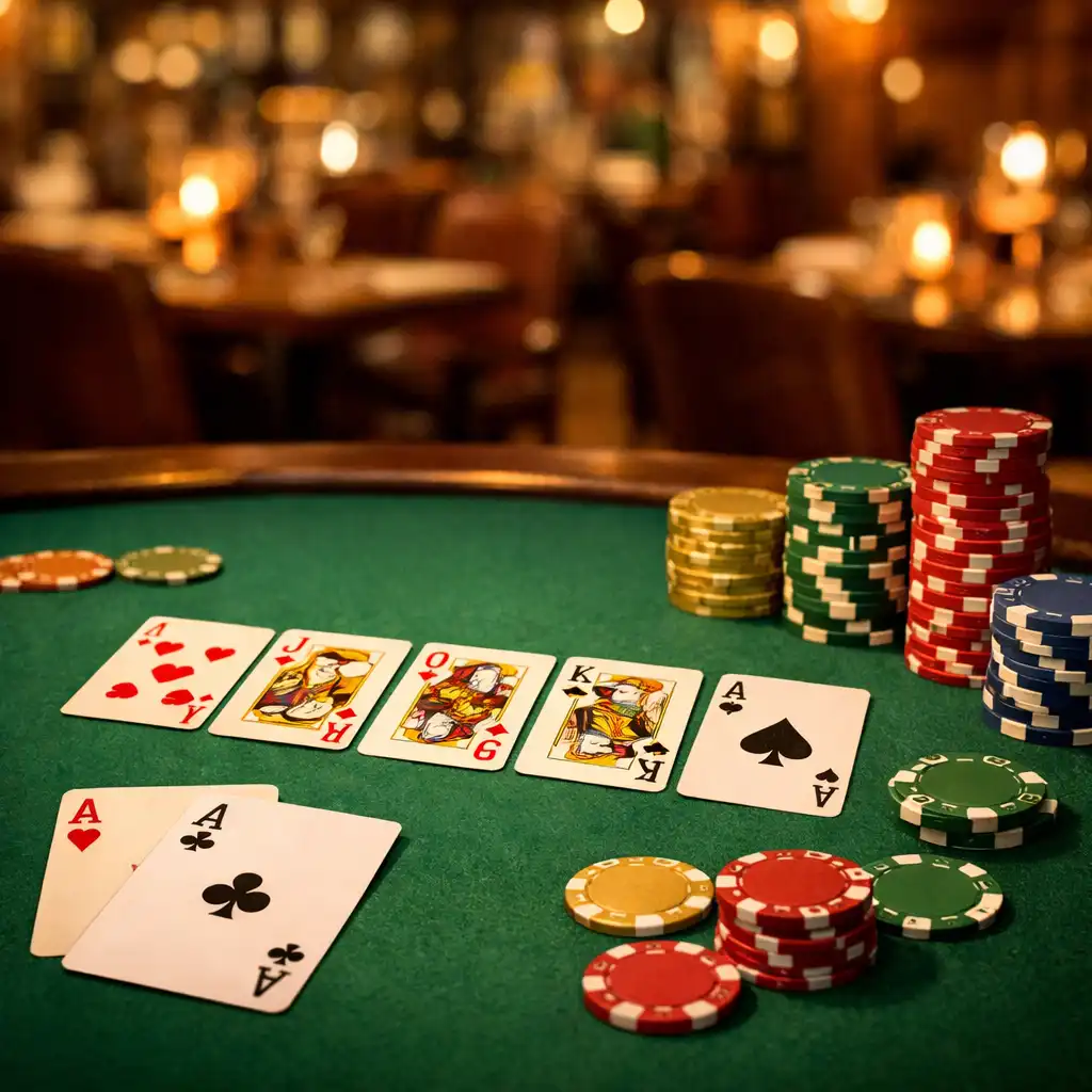 Pokerový stůl s kartami a žetony v teplém světle restaurace