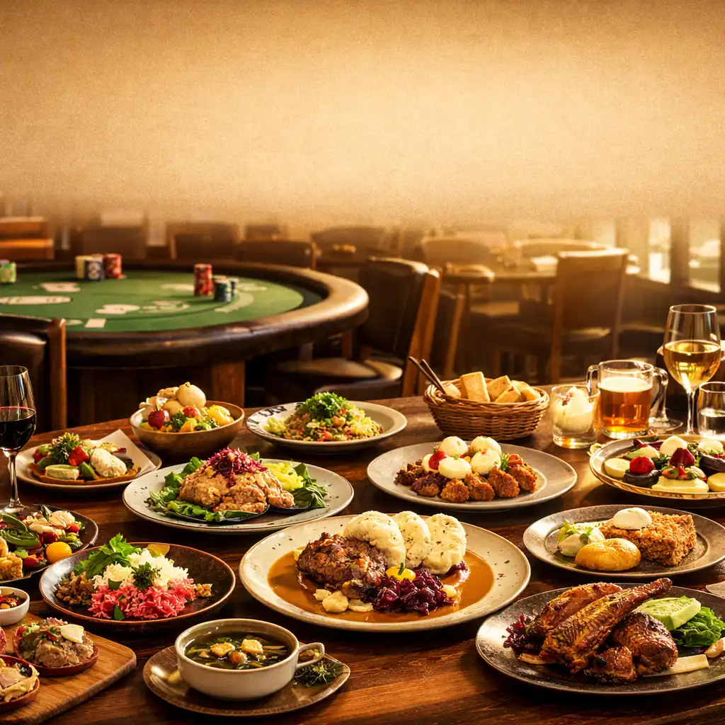 Prostřený stůl s pokrmy v restauraci Talíř Plný Chutí, v pozadí náznak pokerové zóny