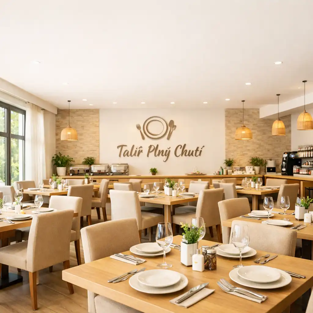 Denní část restaurace s velkými okny a světlým dřevěným nábytkem