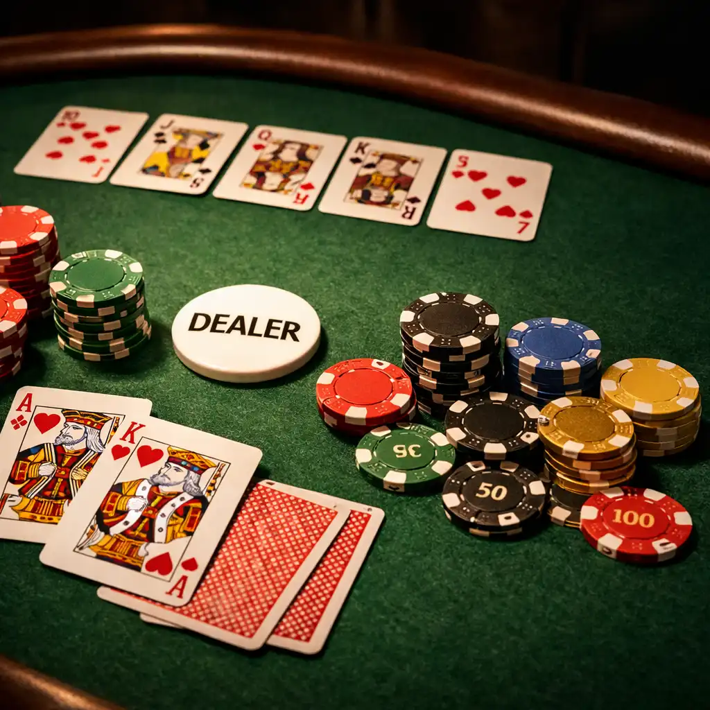 Pokerový stůl s kartami a žetony v restauraci Talíř Plný Chutí