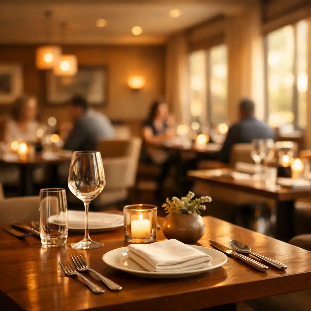 Teplý interiér restaurace Talíř Plný Chutí s prostřenými stoly