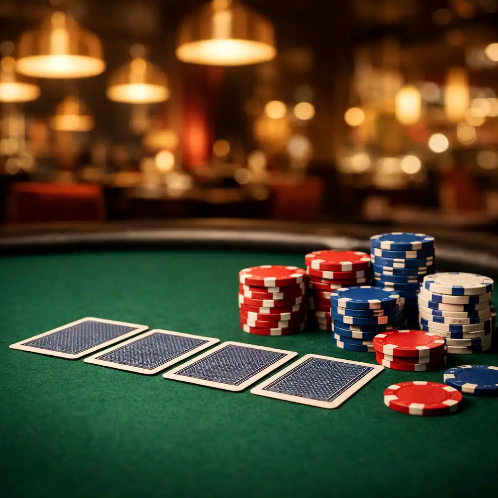 Profesionální pokerový stůl s rozdanými kartami a žetony v teplém osvětlení restaurace